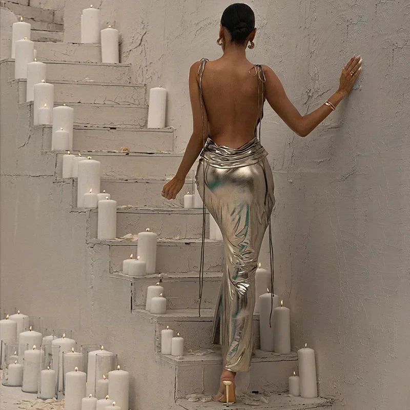 Robe longue femme argentée asymétrique sans manches soirée