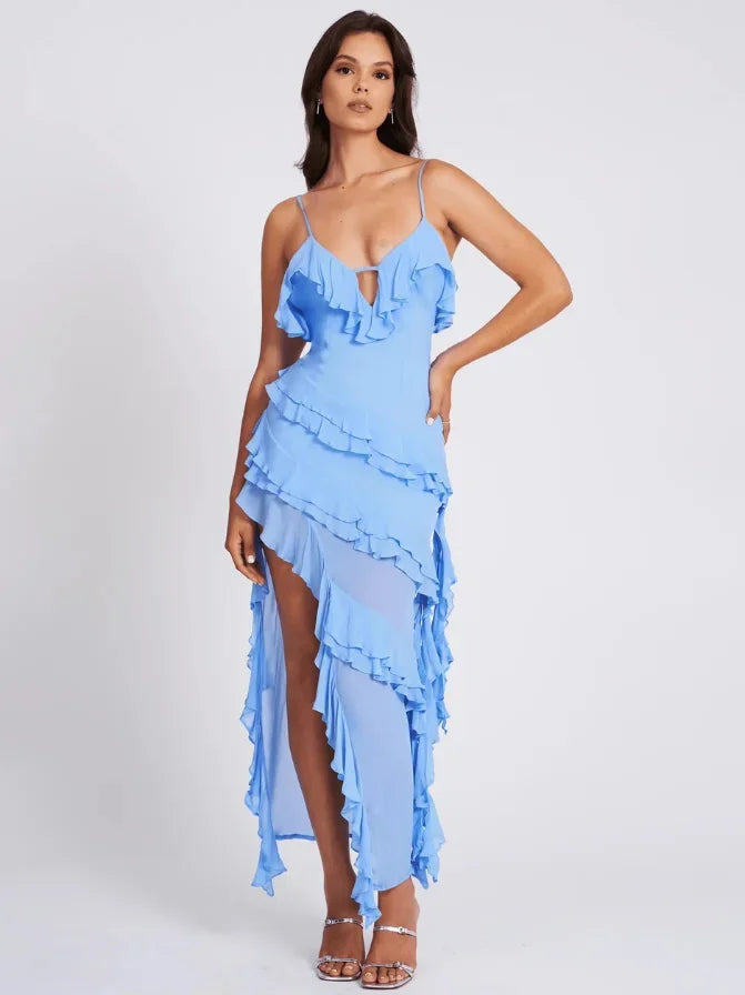 Robe longue femme asymétrique bleue avec volants | Coupe féminine + Style élégant + Facile à accessoiriser – ROBEMODE