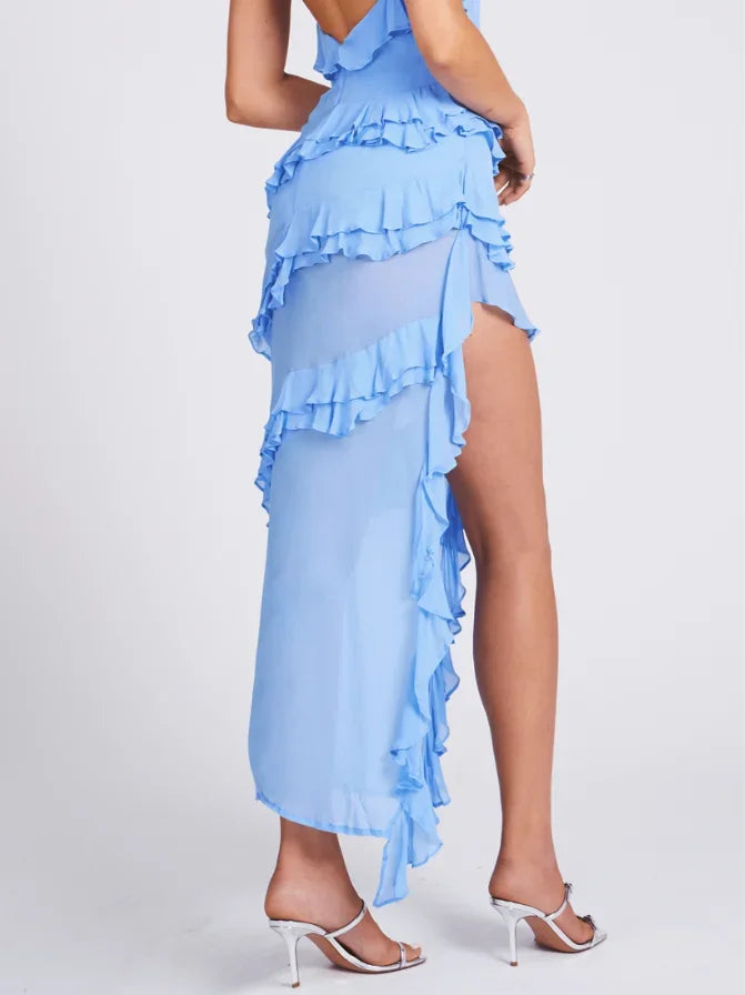 Robe longue femme asymétrique bleue avec volants | Coupe féminine + Style élégant + Facile à accessoiriser – ROBEMODE