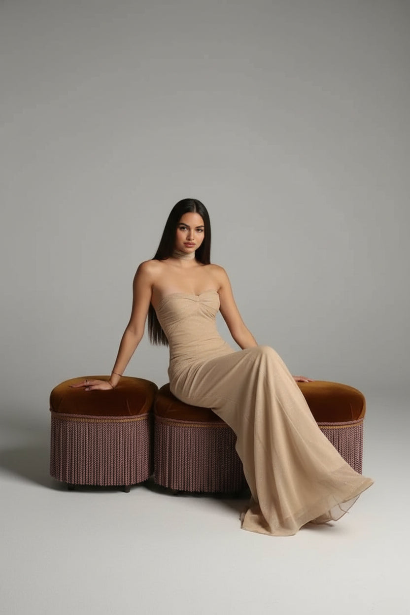 Robe Longue Soirée Pailletée Sans Bretelles Plissée Femme | ROBEMODE