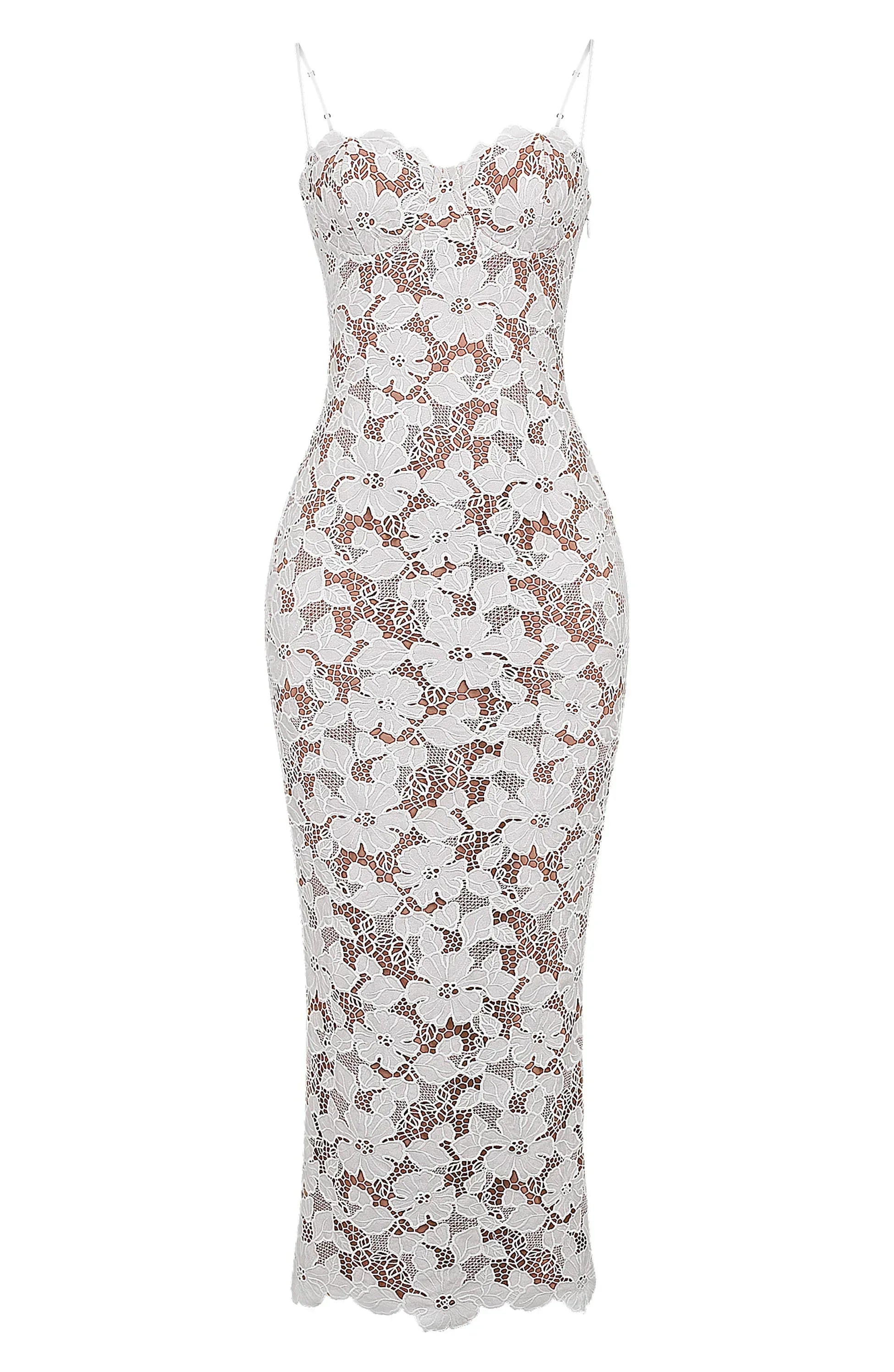 Robe longue femme dentelle florale blanche bretelles fines | ROBEMODE