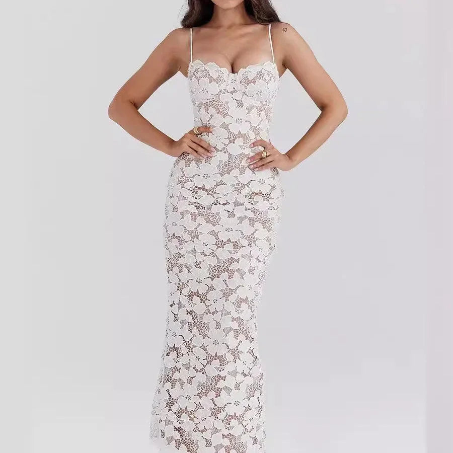 Robe longue femme dentelle florale blanche bretelles fines | ROBEMODE