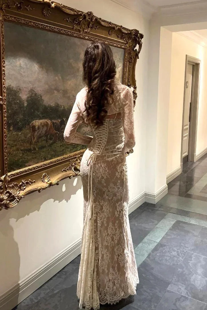 Robe longue femme blanche en dentelle manches longues | Coupe féminine + Style élégant + Facile à accessoiriser – ROBEMODE