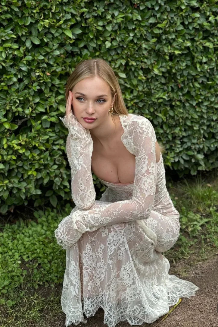 Robe longue femme blanche en dentelle manches longues | Coupe féminine + Style élégant + Facile à accessoiriser – ROBEMODE