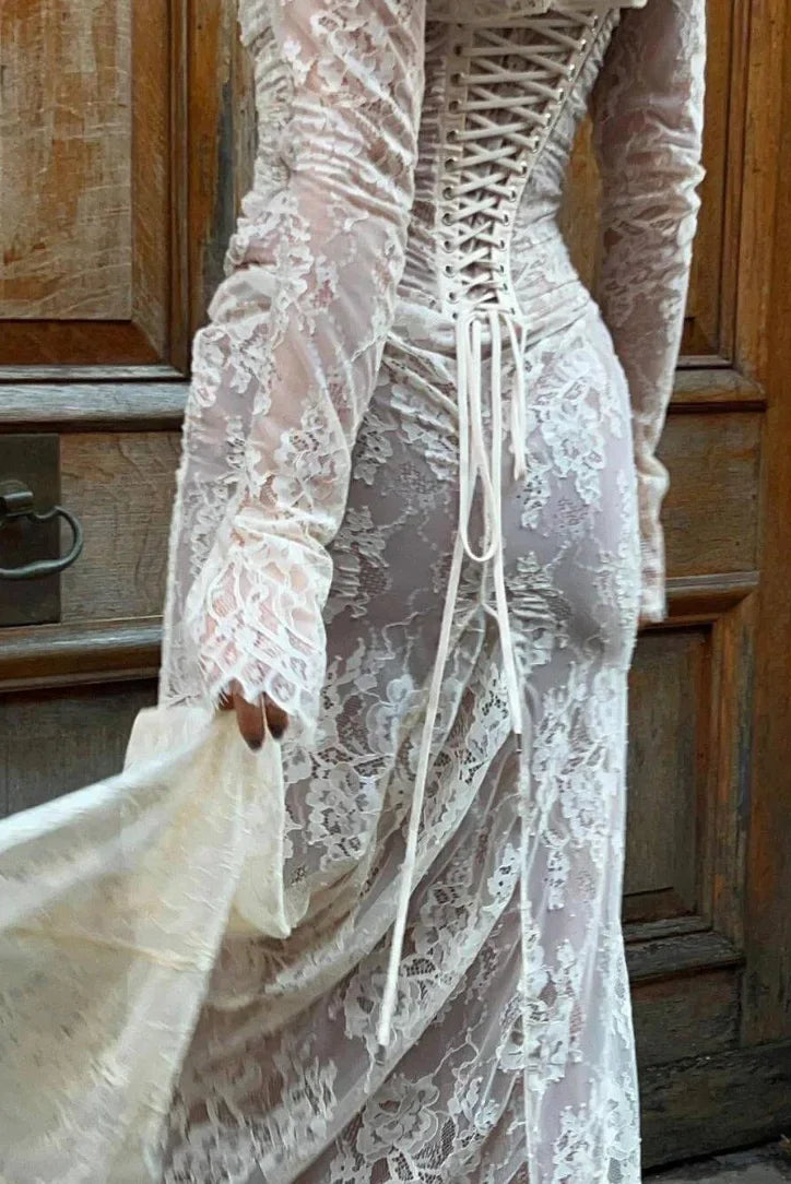 Robe longue femme blanche en dentelle manches longues | Coupe féminine + Style élégant + Facile à accessoiriser – ROBEMODE