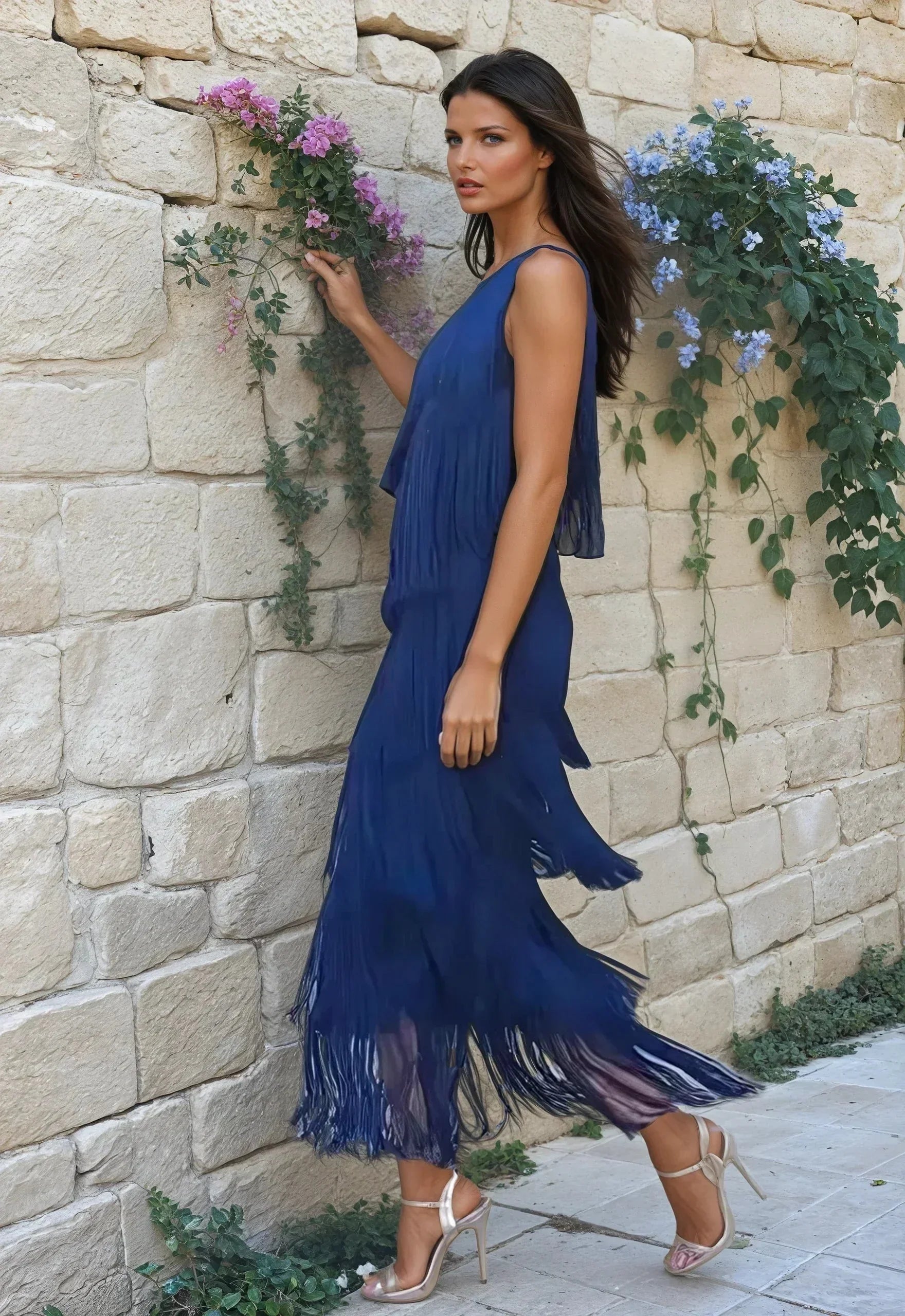 Robe longue femme bleu marine avec franges asymétriques | Coupe féminine + Style élégant + Facile à accessoiriser – ROBEMODE