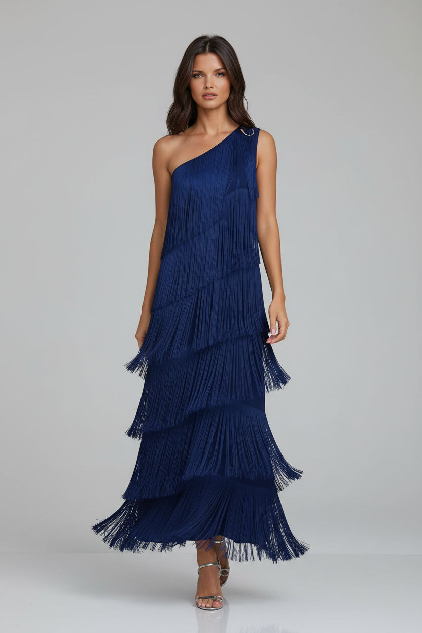 Robe longue femme bleu marine avec franges asymétriques | Coupe féminine + Style élégant + Facile à accessoiriser – ROBEMODE
