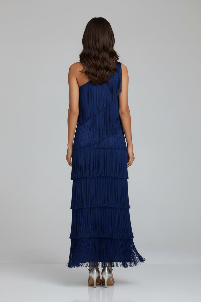 Robe longue femme bleu marine avec franges asymétriques | Coupe féminine + Style élégant + Facile à accessoiriser – ROBEMODE