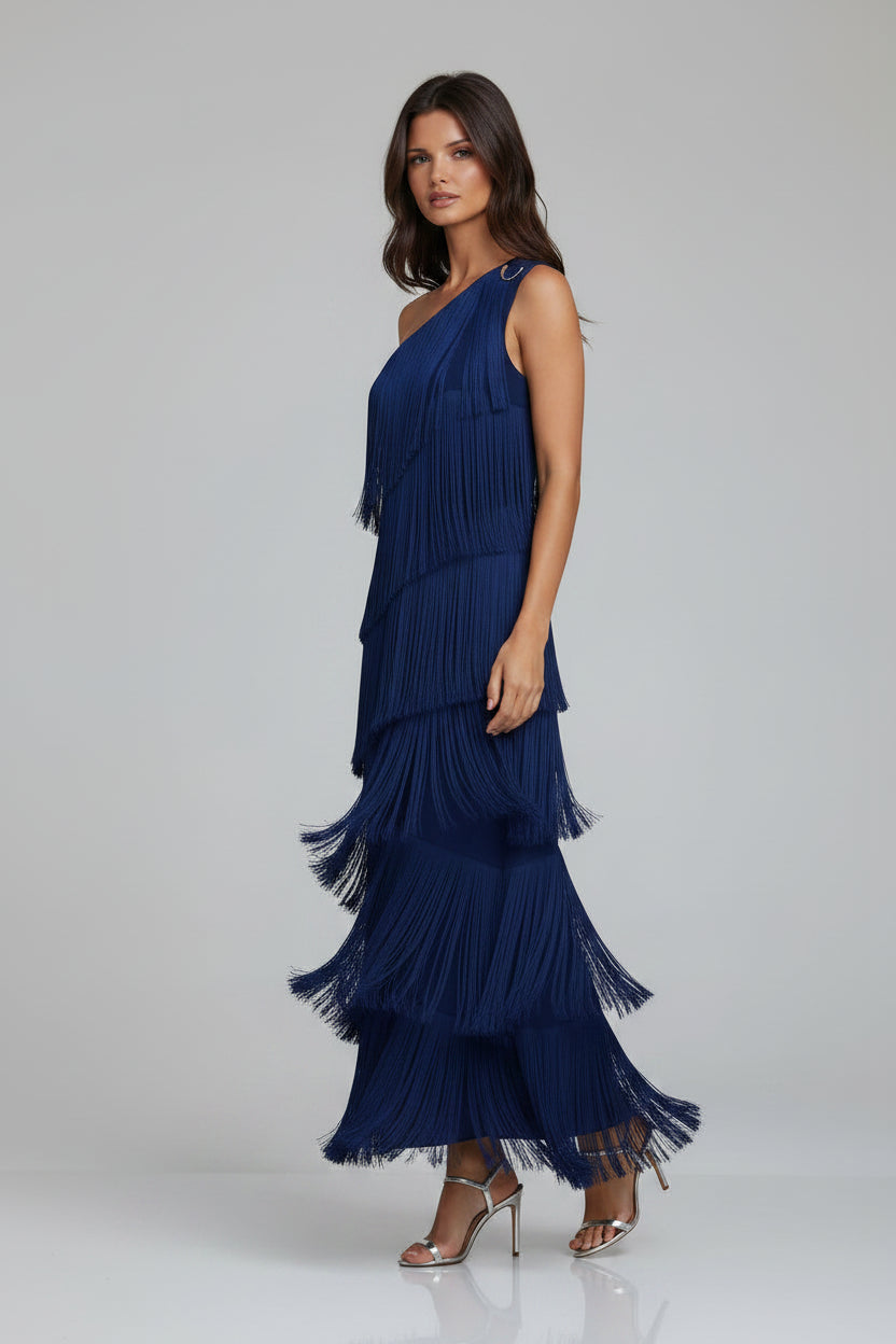 Robe longue femme bleu marine avec franges asymétriques | Coupe féminine + Style élégant + Facile à accessoiriser – ROBEMODE