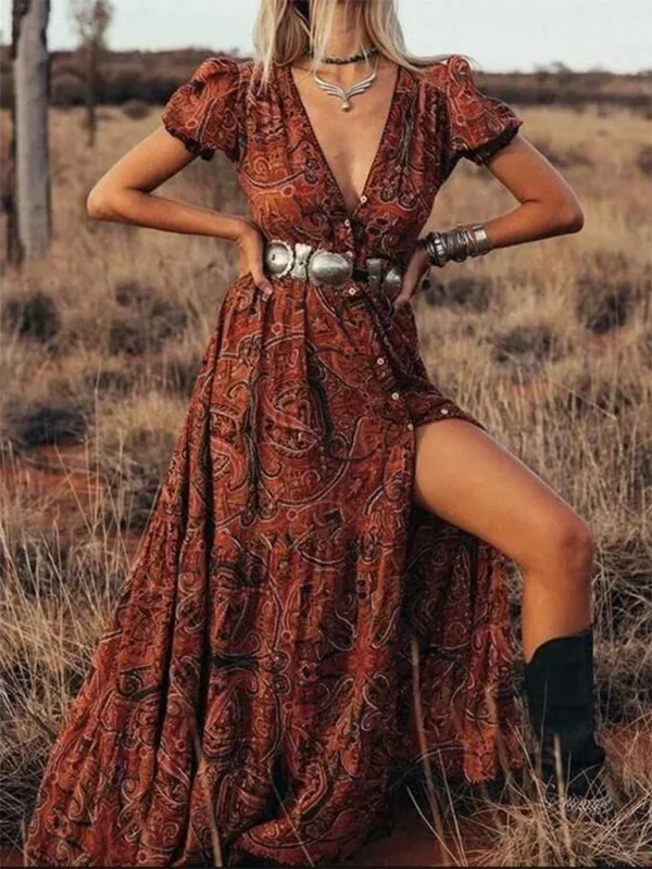 Robe longue bohème avec imprimé et manches papillon | Coupe féminine + Style élégant + Facile à accessoiriser – ROBEMODE