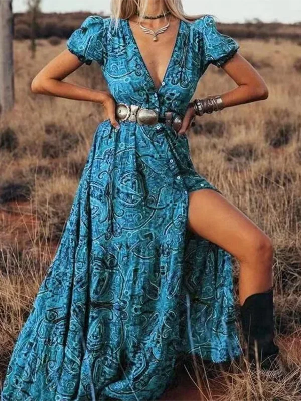 Robe longue bohème avec imprimé et manches papillon | Coupe féminine + Style élégant + Facile à accessoiriser – ROBEMODE