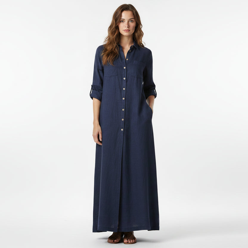 Robe longue boutonnée fluide avec poches et manches longues | Coupe féminine + Style élégant + Facile à accessoiriser – ROBEMODE