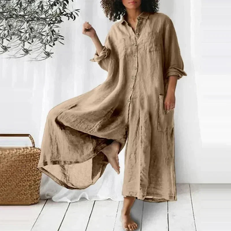 Robe longue boutonnée fluide avec poches et manches longues | Coupe féminine + Style élégant + Facile à accessoiriser – ROBEMODE