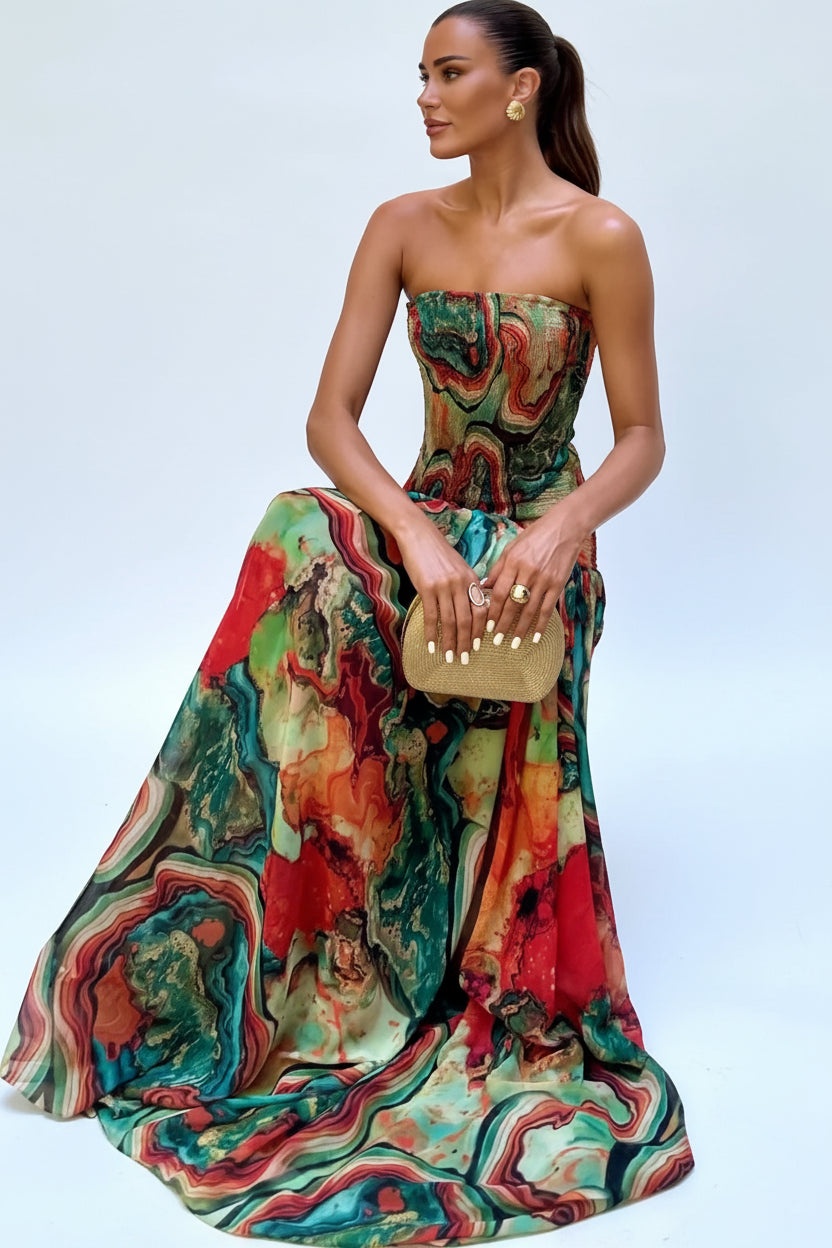 Robe longue buste dénudé imprimé multicolore | ROBEMODE
