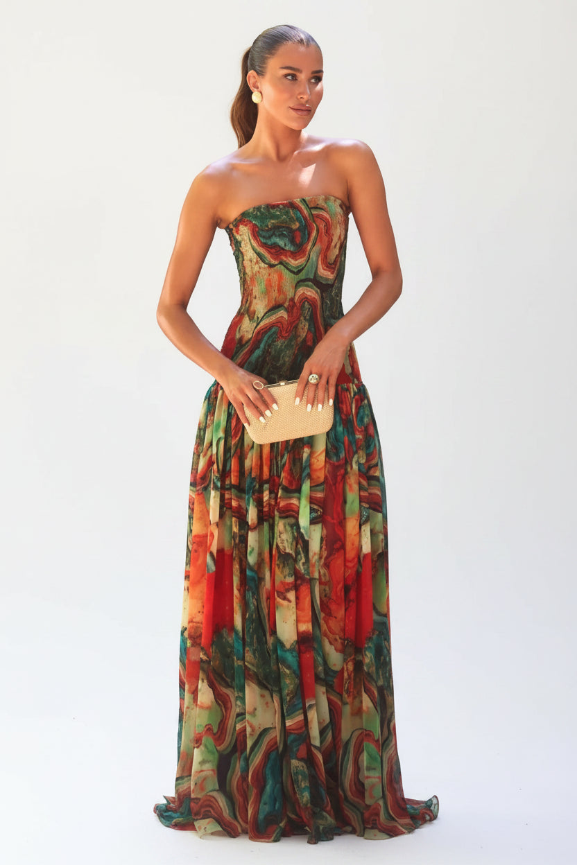 Robe longue buste dénudé imprimé multicolore | ROBEMODE
