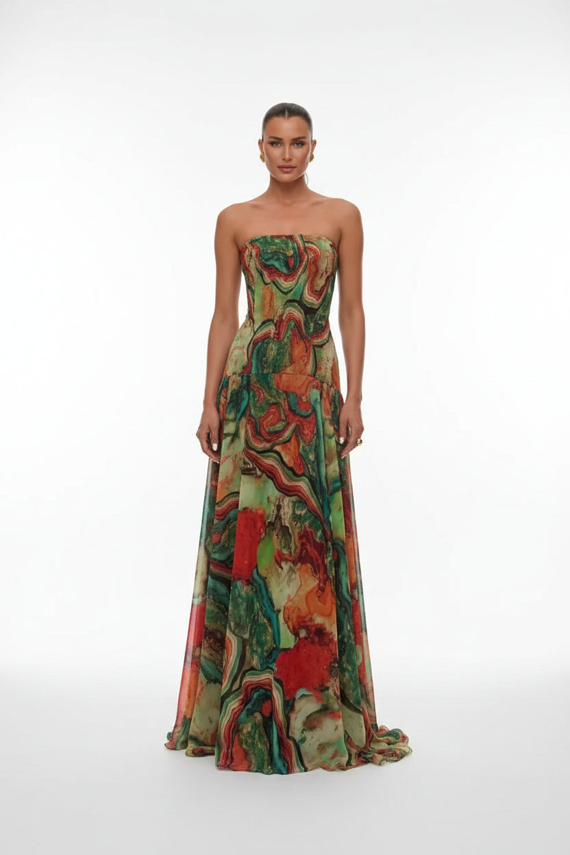 Robe longue buste dénudé imprimé multicolore | ROBEMODE