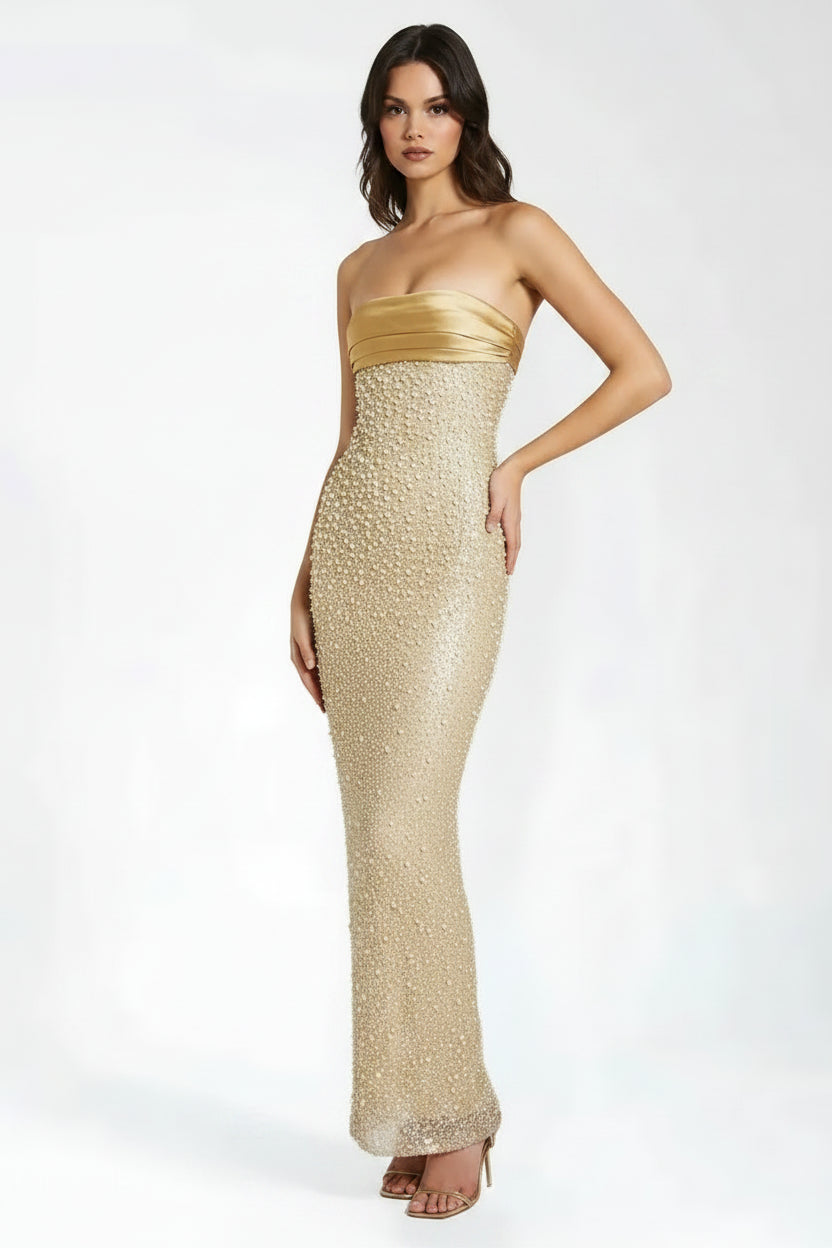Robe Longue Dorée Pailletée Sans Bretelles Col Droit | ROBEMODE
