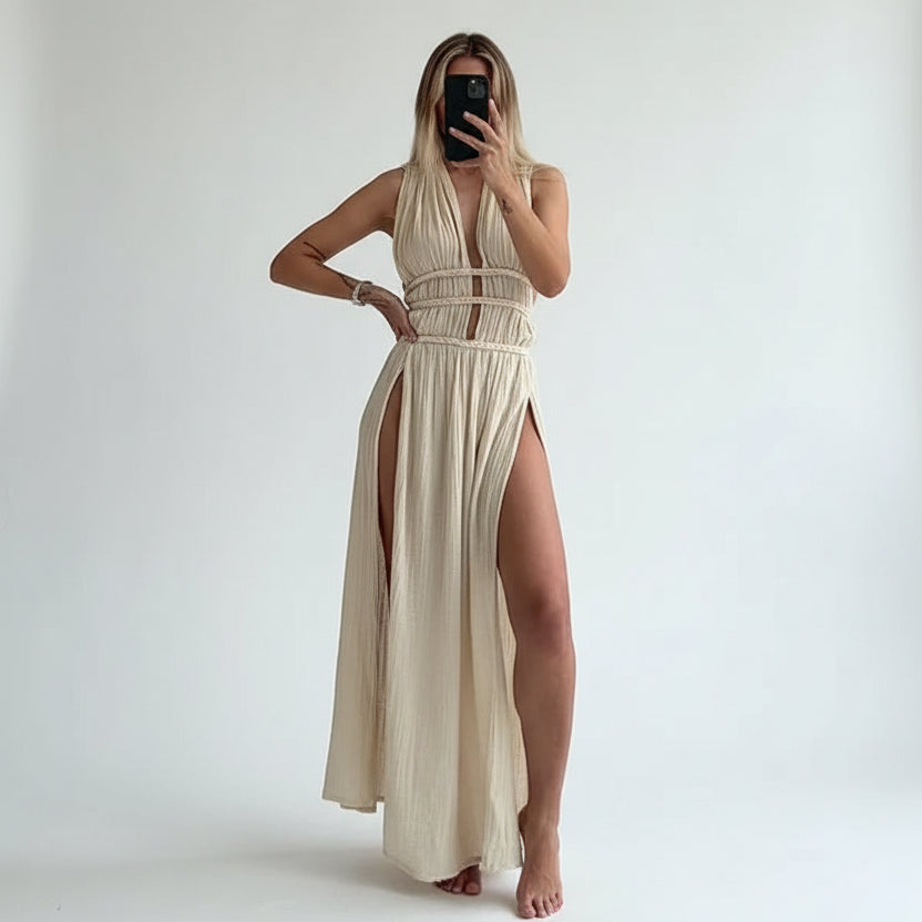 Robe Longue Dos Nu Découpes Fente Élégante Soirée | ROBEMODE