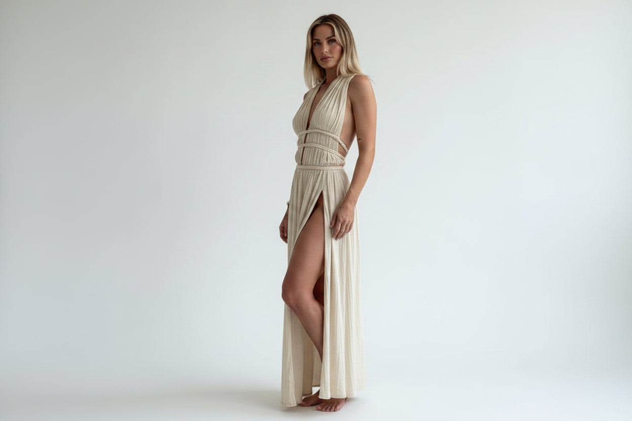 Robe Longue Dos Nu Découpes Fente Élégante Soirée | ROBEMODE