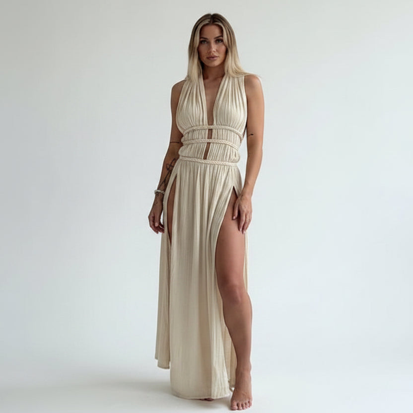 Robe Longue Dos Nu Découpes Fente Élégante Soirée | ROBEMODE