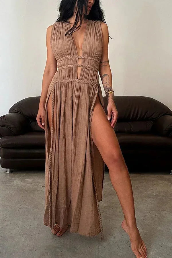 Robe Longue Dos Nu Découpes Fente Élégante Soirée | ROBEMODE
