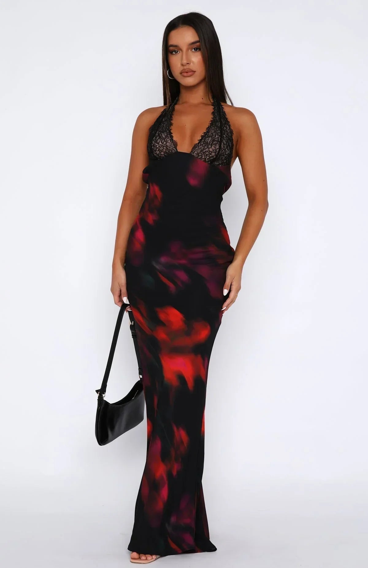 Robe longue femme dos nu imprimée noire soirée