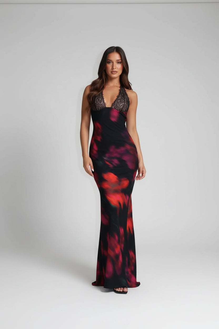 Robe longue femme dos nu imprimée noire soirée | ROBEMODE