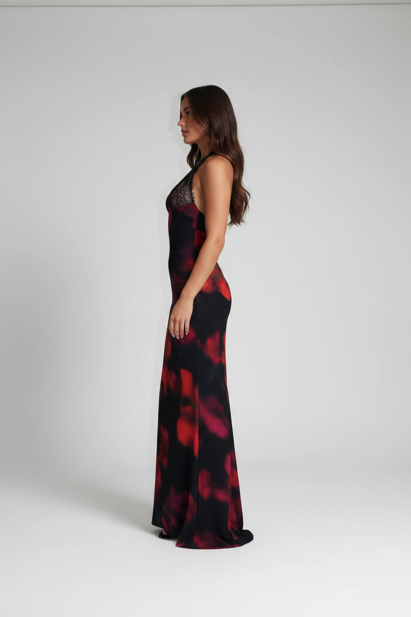 Robe longue femme dos nu imprimée noire soirée | ROBEMODE