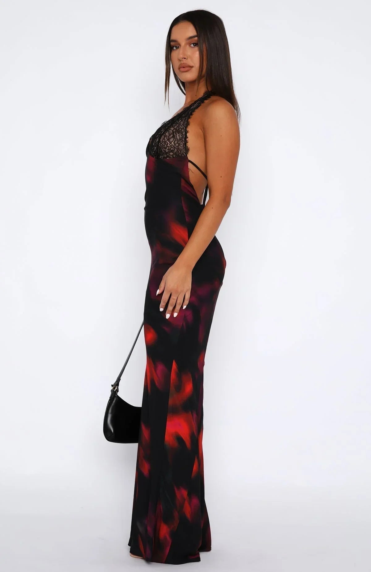 Robe longue femme dos nu imprimée noire soirée