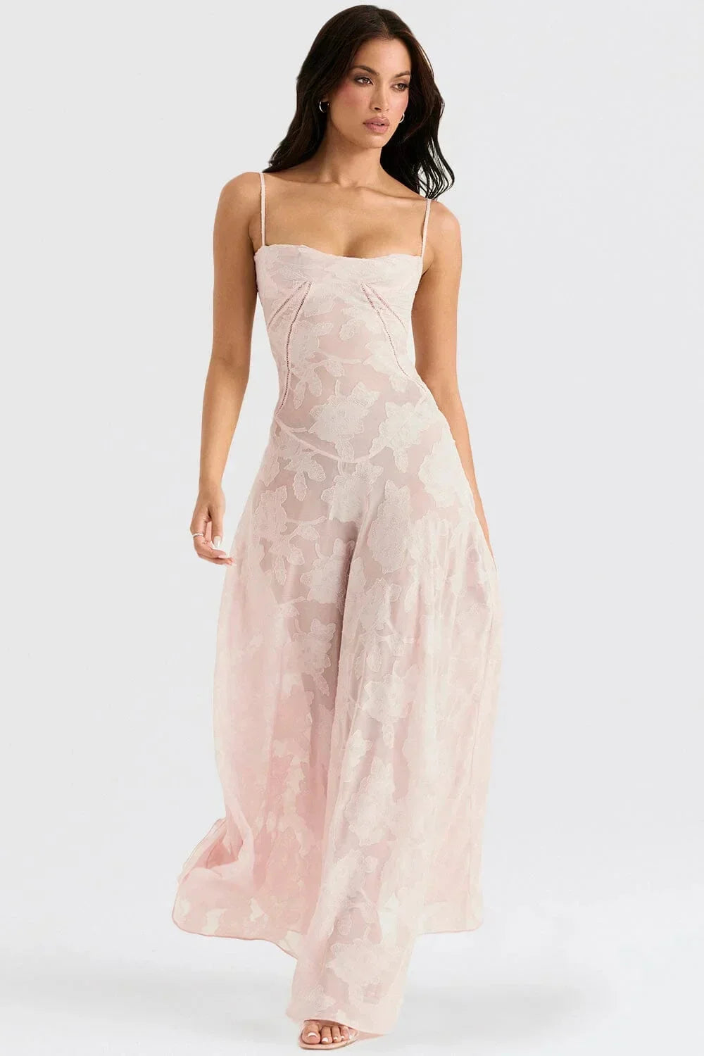 Robe longue femme dentelle florale bretelles ajustables gala | ROBEMODE