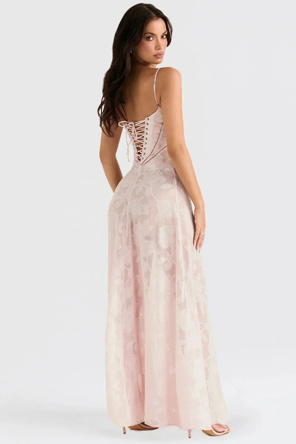 Robe longue femme dentelle florale bretelles ajustables gala | ROBEMODE