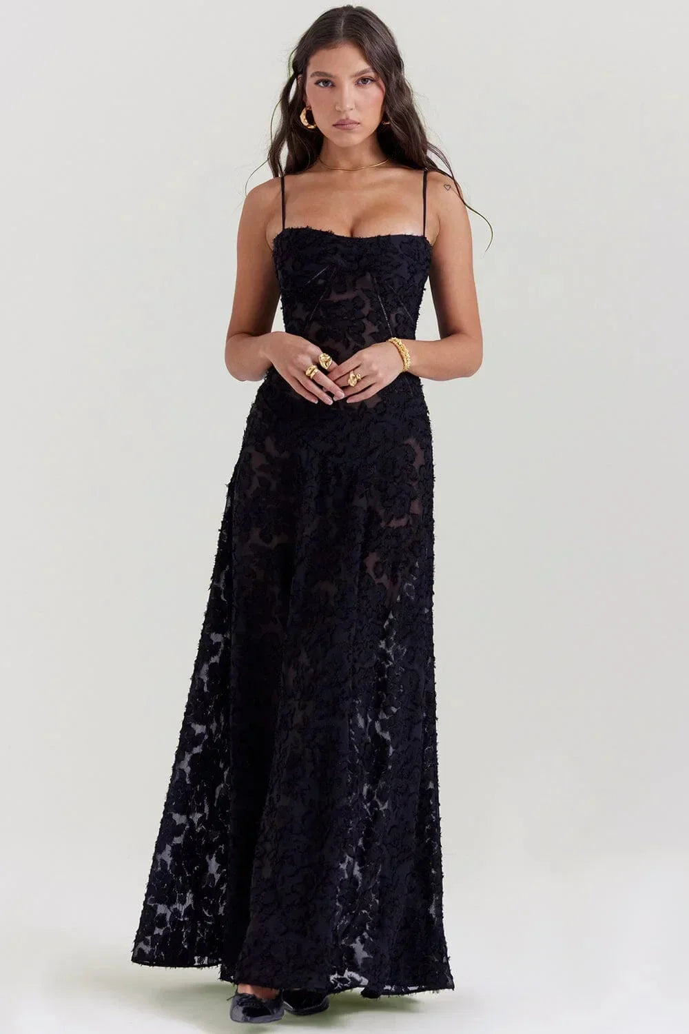 Robe longue femme dentelle florale bretelles ajustables gala | ROBEMODE