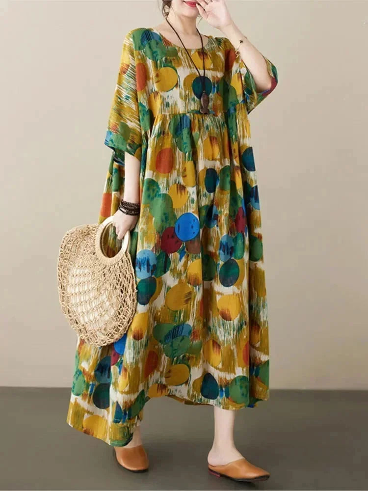 Robe longue femme ample imprimé artistique manches mi-longues | ROBEMODE