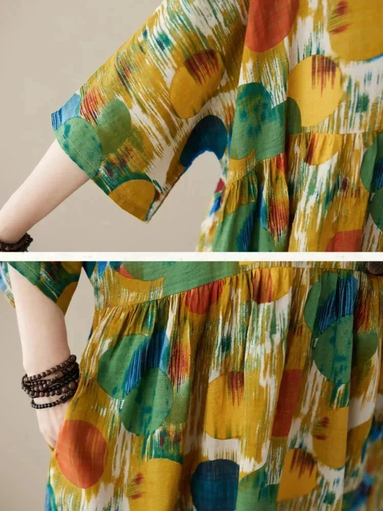Robe longue femme ample imprimé artistique manches mi-longues | ROBEMODE