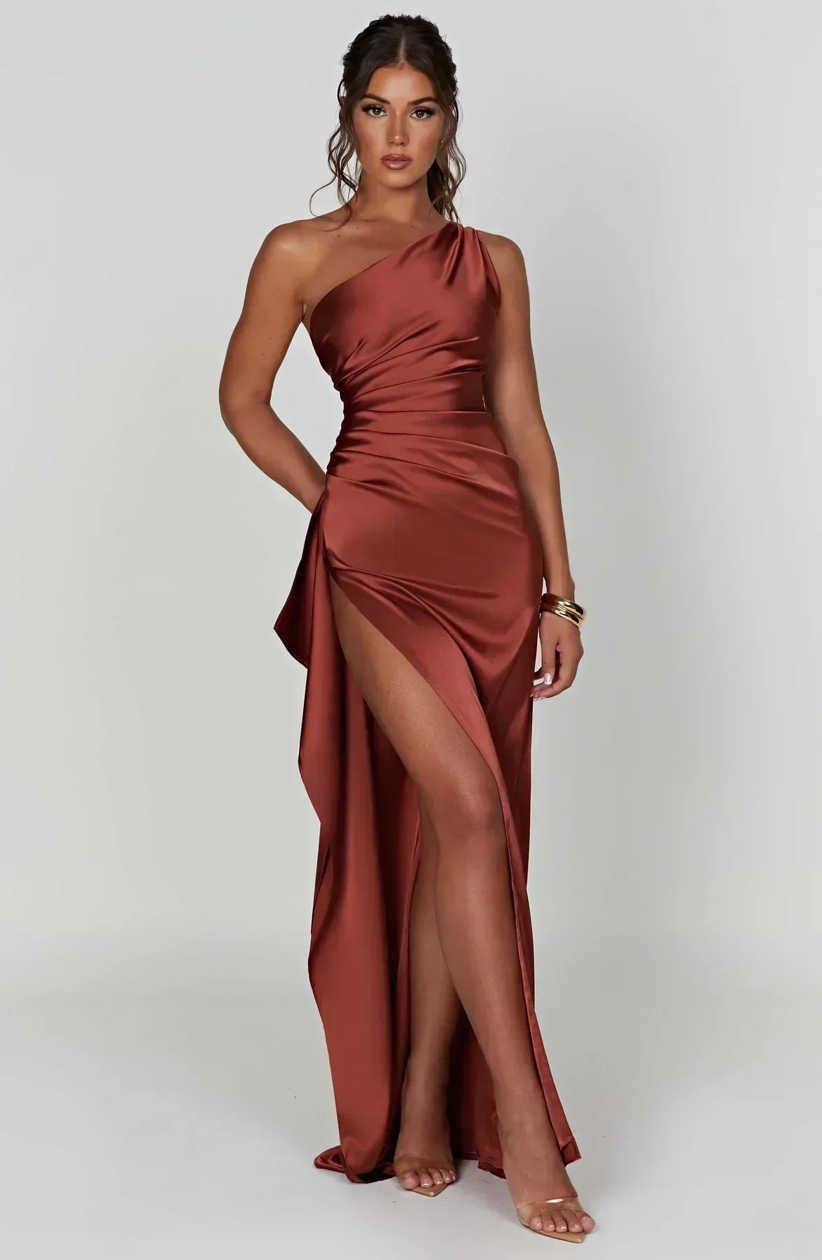 Robe Longue Femme Asymétrique Fente Élégante Satin | ROBEMODE