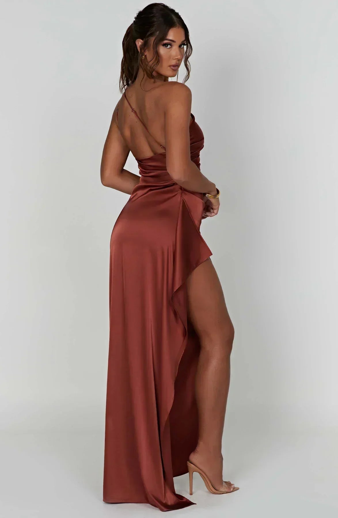 Robe Longue Femme Asymétrique Fente Élégante Satin | ROBEMODE