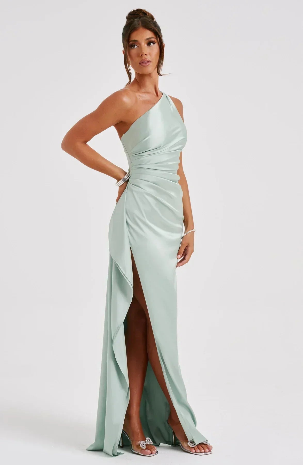 Robe Longue Femme Asymétrique Fente Élégante Satin | ROBEMODE