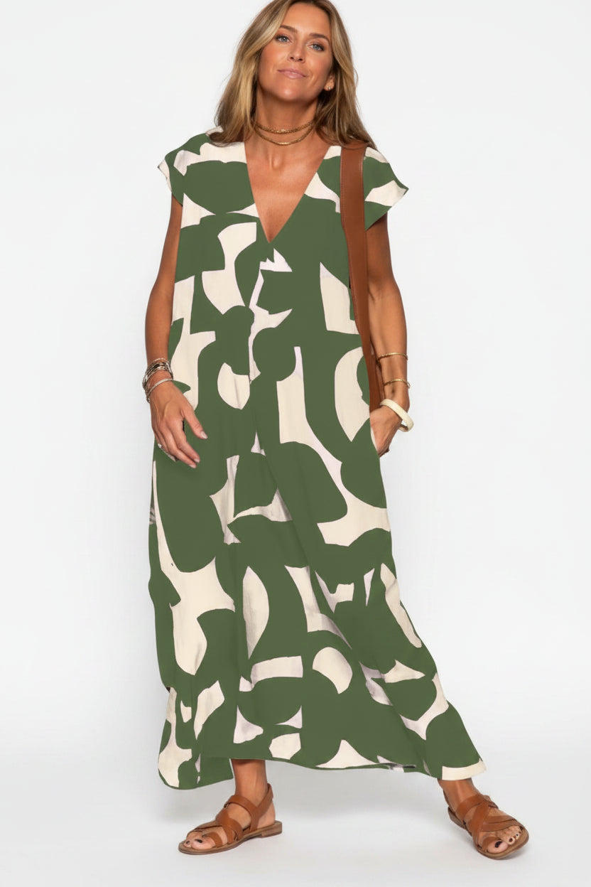 Robe longue femme avec col V et motifs fluides | Coupe féminine + Style élégant + Facile à accessoiriser – ROBEMODE