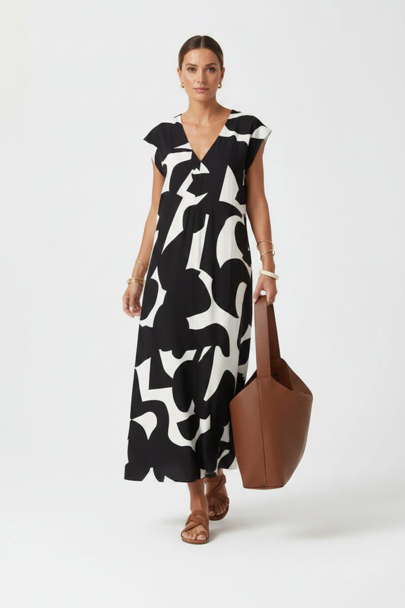 Robe longue femme avec col V et motifs fluides | Coupe féminine + Style élégant + Facile à accessoiriser – ROBEMODE