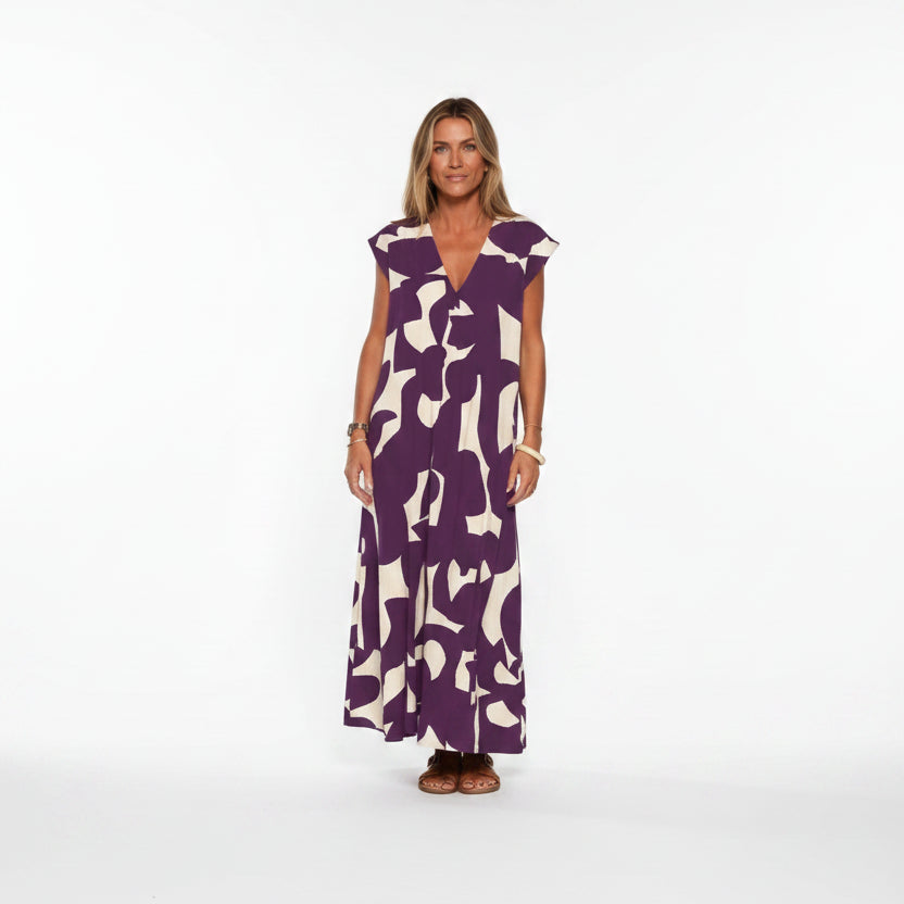Robe longue femme avec col V et motifs fluides | Coupe féminine + Style élégant + Facile à accessoiriser – ROBEMODE