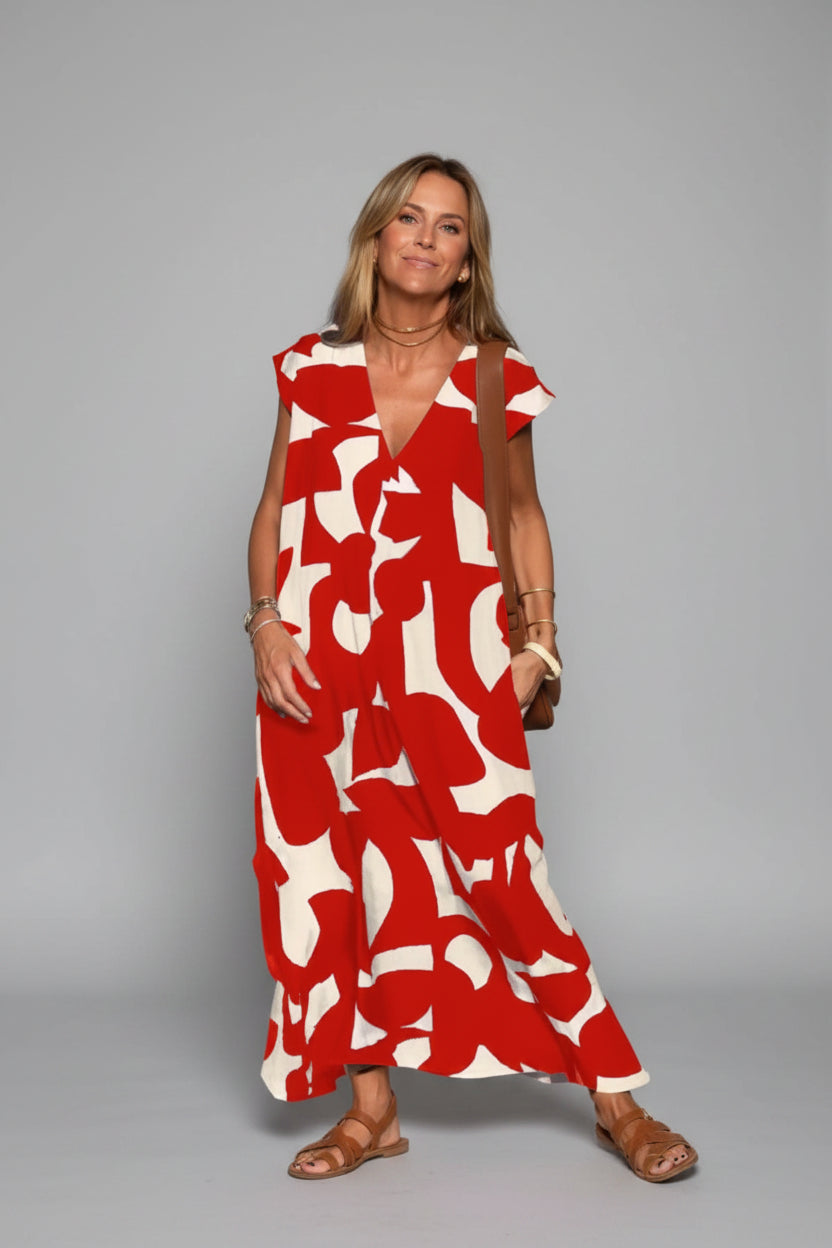 Robe longue femme avec col V et motifs fluides | Coupe féminine + Style élégant + Facile à accessoiriser – ROBEMODE