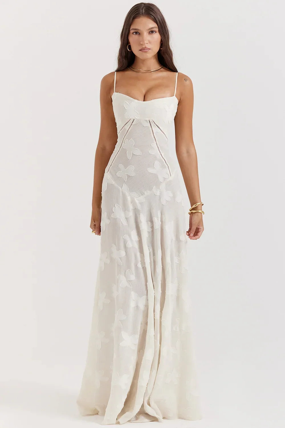 Robe longue femme avec dentelle florale et bretelles fines | ROBEMODE