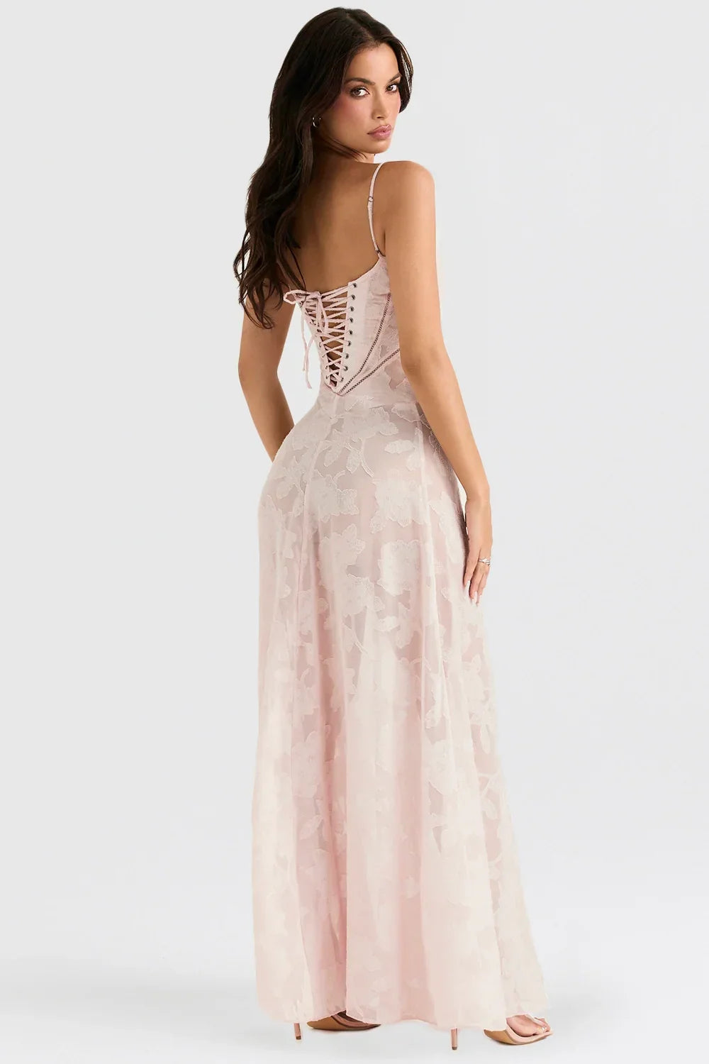 Robe longue femme avec dentelle florale et bretelles fines | ROBEMODE