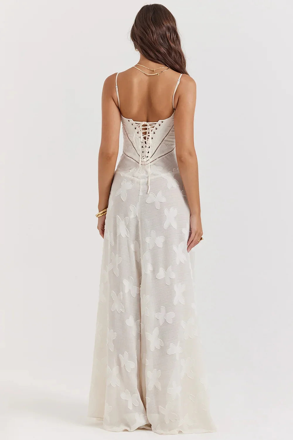 Robe longue femme avec dentelle florale et bretelles fines | ROBEMODE
