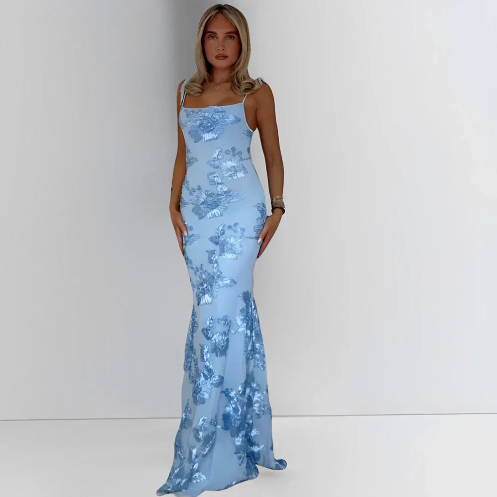 Robe longue femme avec motifs floraux et bretelles fines