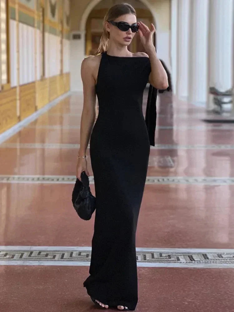 Robe Longue Nœud Décoratif Sans Manches Blanc & Noir | ROBEMODE