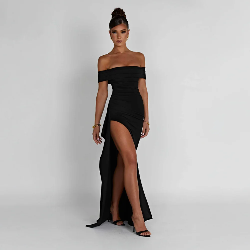 Robe Longue Femme Épaules Dénudées avec Fente | Élégante Soirée Fluide | ROBEMODE