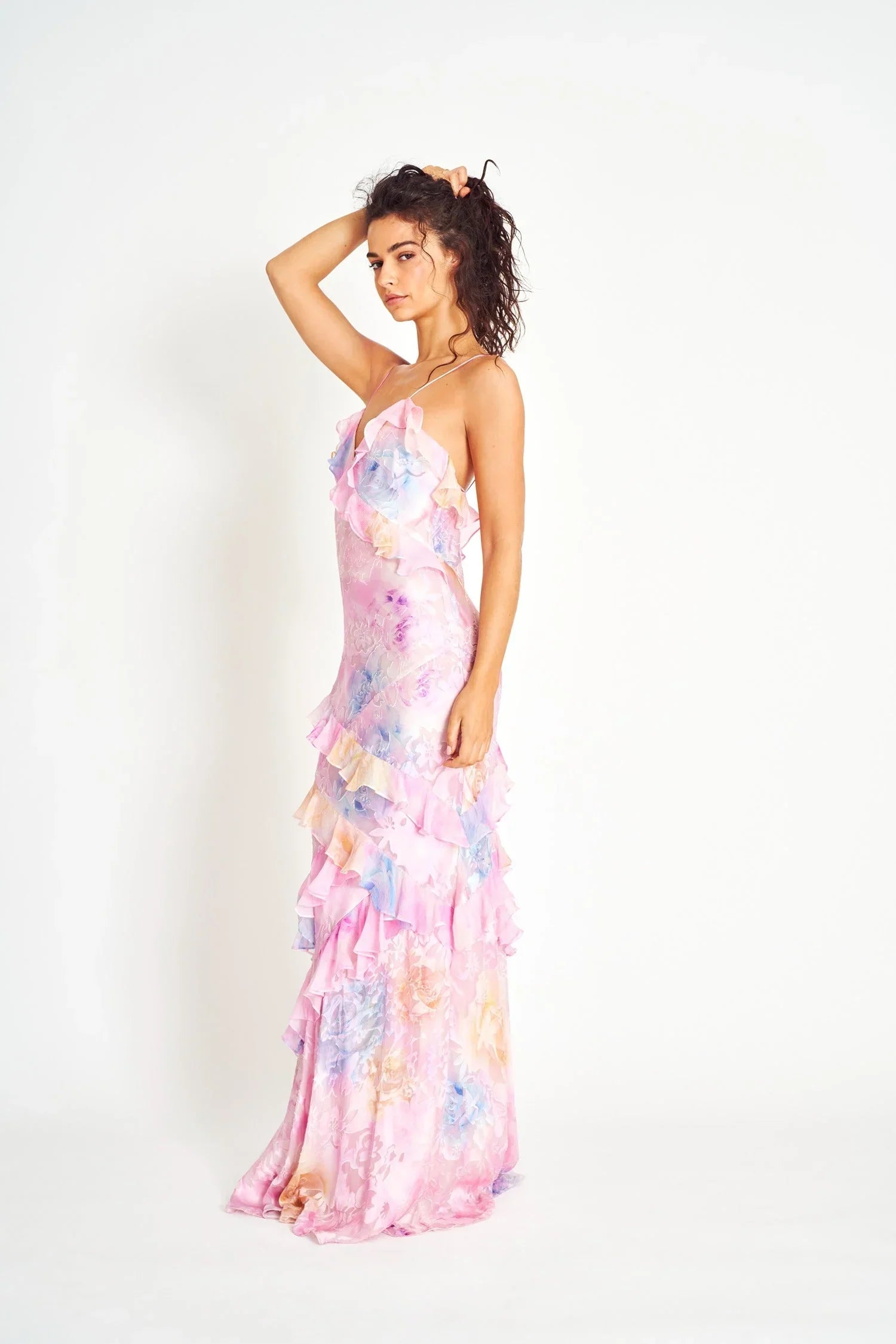 Robe longue volants asymétriques bretelles fines | ROBEMODE