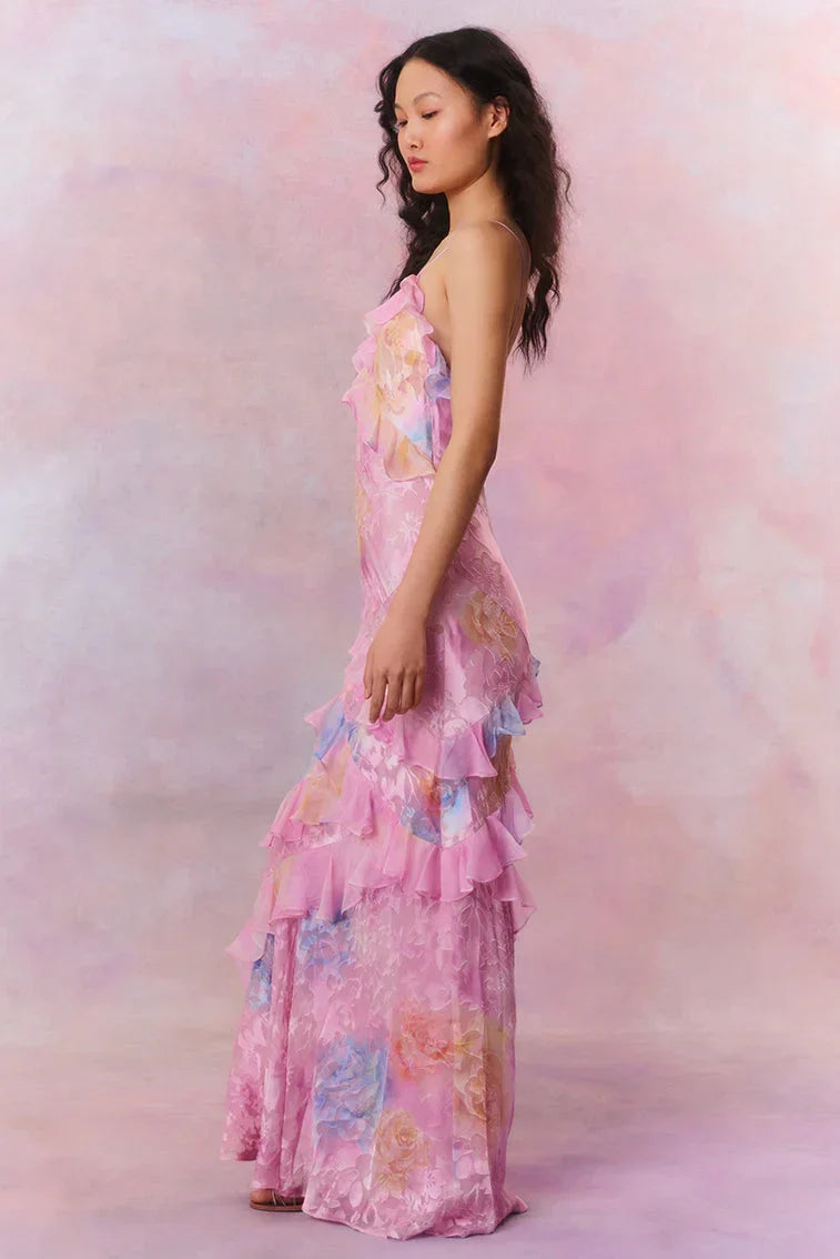 Robe longue volants asymétriques bretelles fines | ROBEMODE