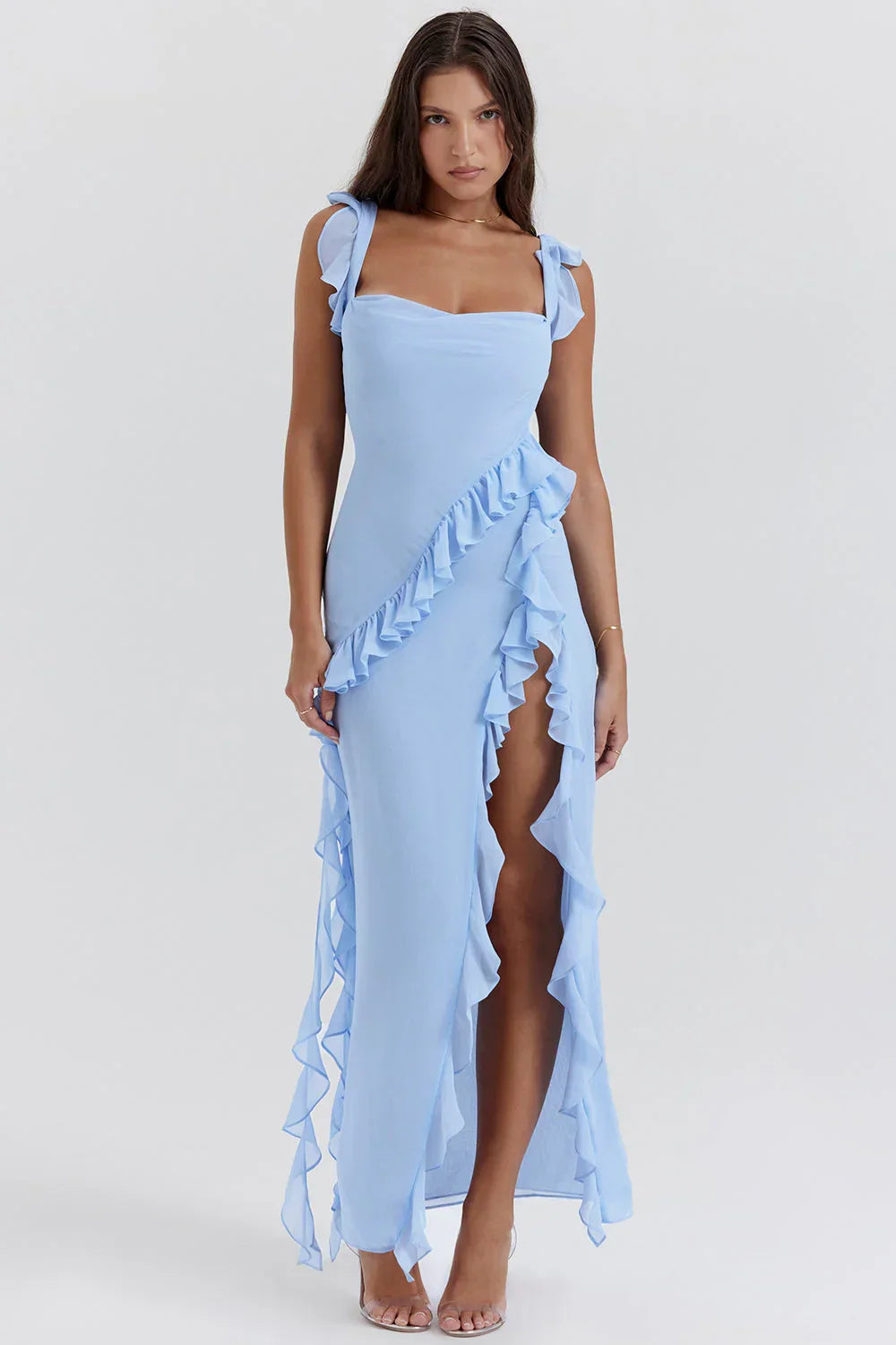 Robe longue femme avec volants et bretelles